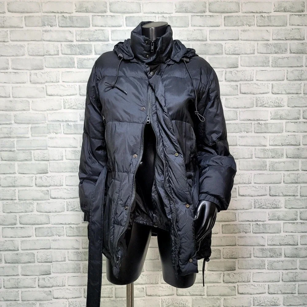 Vintage 90s DKNY Goose Down Belted‎ Puffer Jacket Hooded Black Y2K Techwear